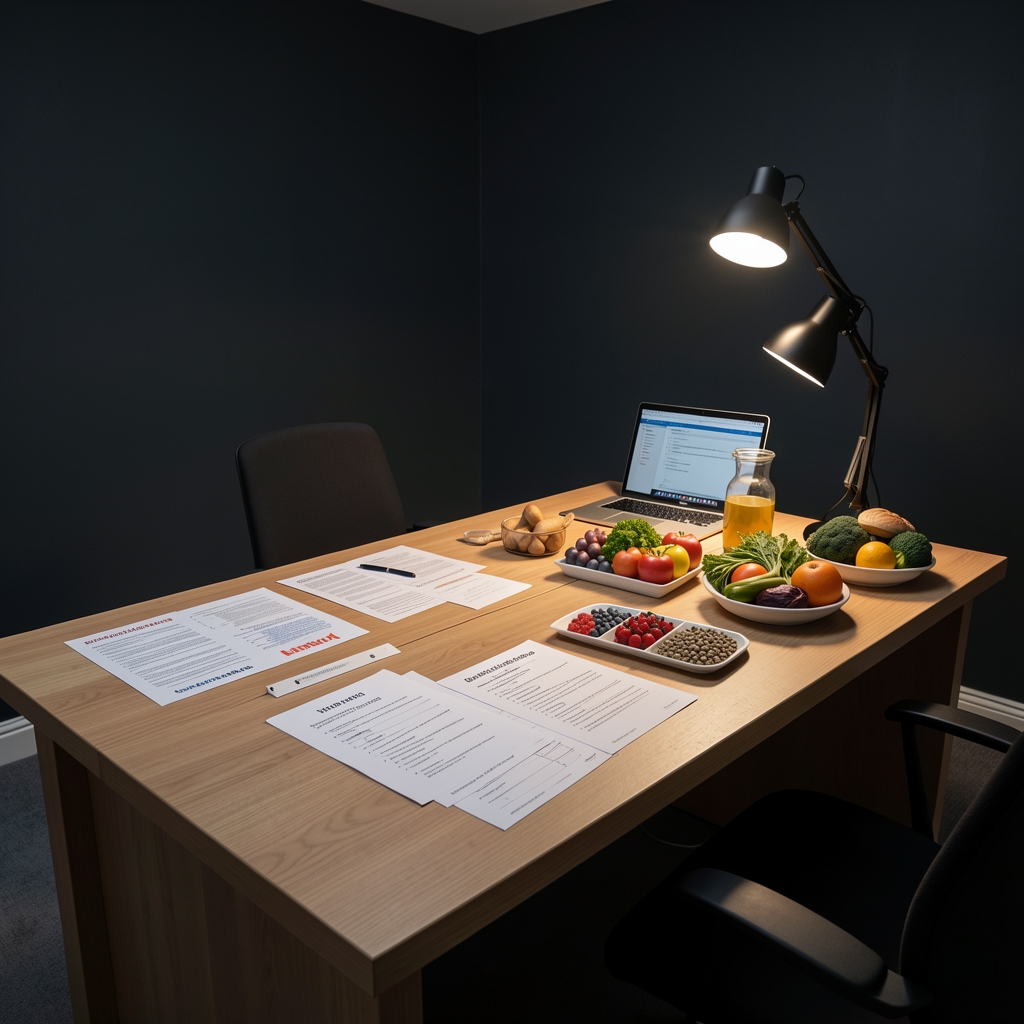 Interior of a structured nutritional consultation workspace in London with dark walls, a wide desk covered in dietary composition notes and seasonal produce samples under controlled studio lighting