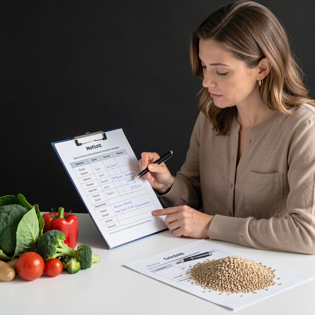 Nutritionist reviewing a structured meal composition document at a clean workspace with dark background, whole vegetables and grain samples arranged beside detailed notes