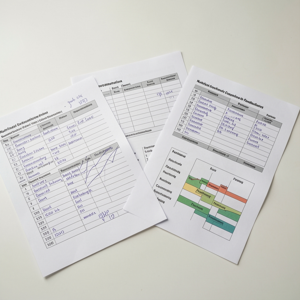 Nutritional documentation papers with handwritten intake logs and composition charts spread across a clean workspace under controlled studio lighting