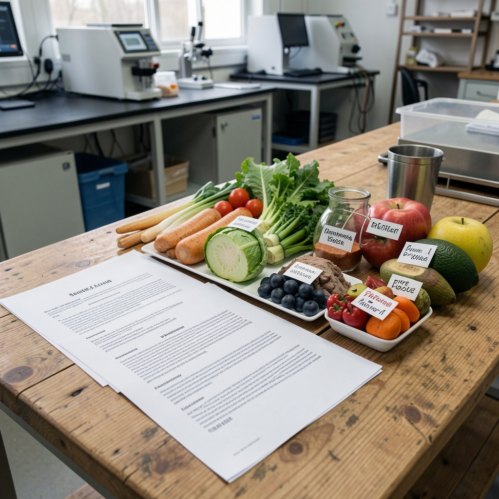 Sourcing documentation papers arranged on a wooden table alongside fresh whole-food ingredients with regional origin labels attached, photographed in a quality-control workspace with controlled lighting