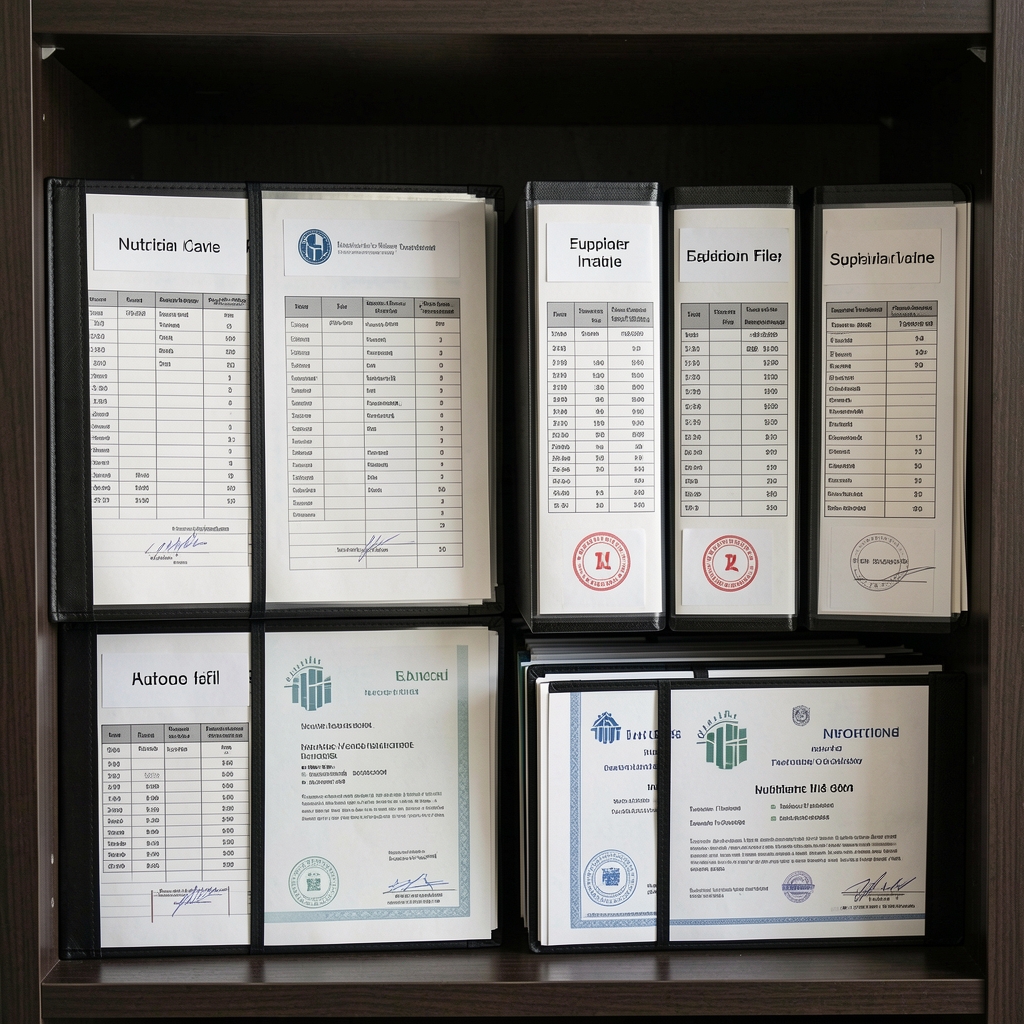 Organised file archive with labelled documentation folders containing nutritional intake records and supplier verification certificates on a dark shelf