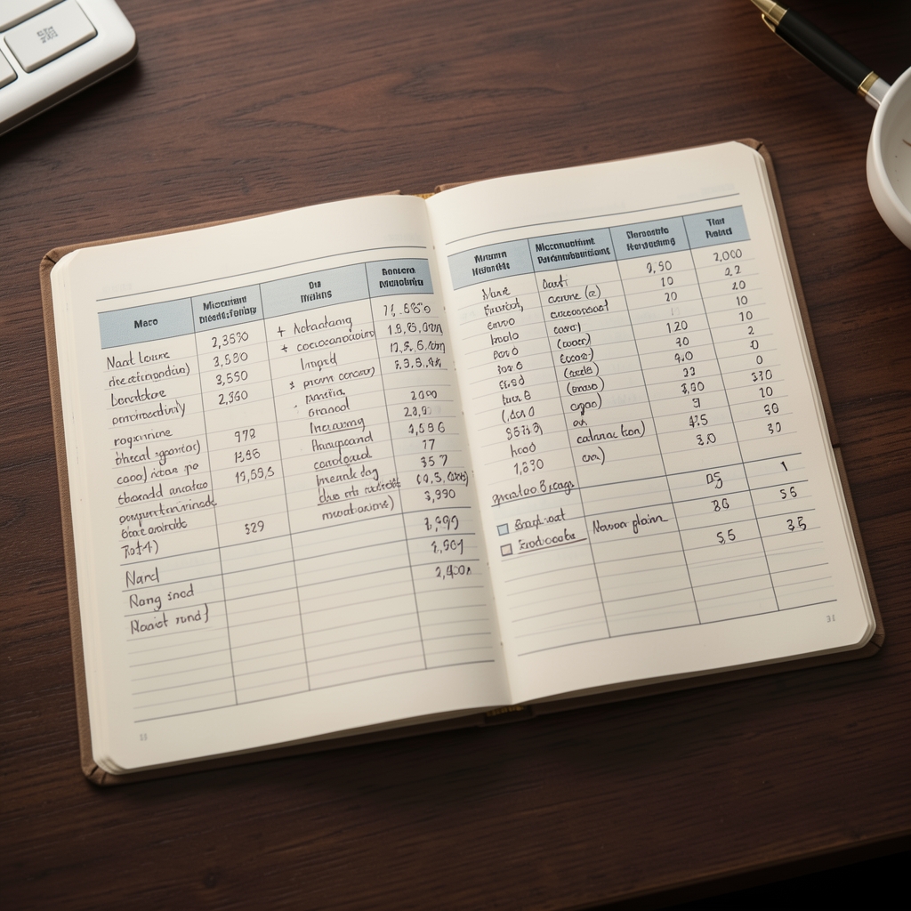 Open nutritional diary on a dark wooden desk showing macro and micronutrient tracking columns filled with hand-written compositional data